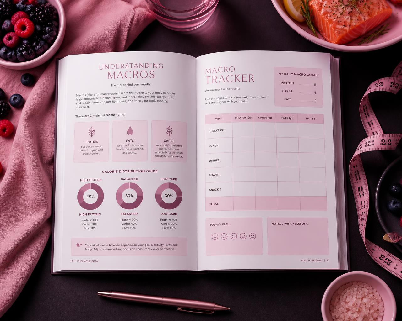 Pages of the Nutrition and Macro Guide beside a macro tracker and whole foods